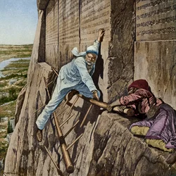 Eine knappe Flucht für Sir Henry Rawlinson am Felsen von Behistun, ca. 1920